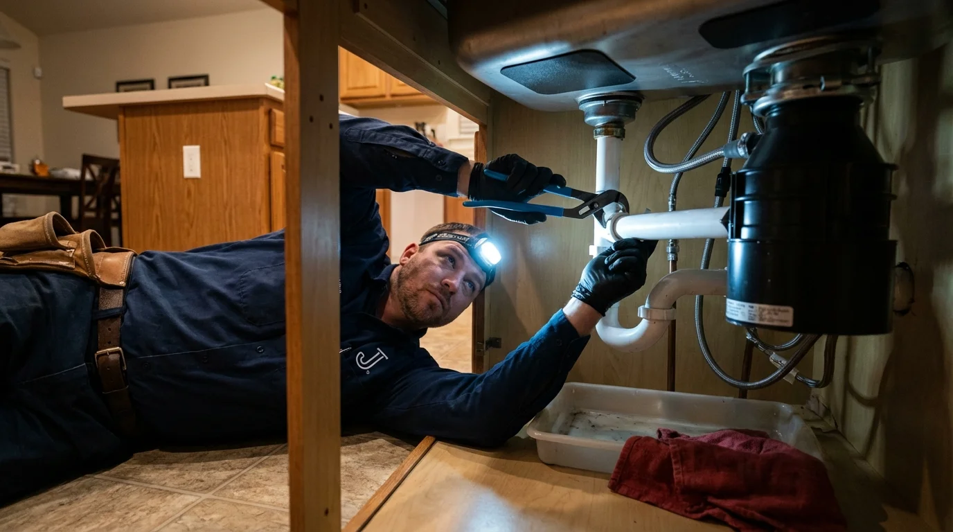 P-trap and supply line connections under a kitchen sink showing a common leak point in Ansonia, CT